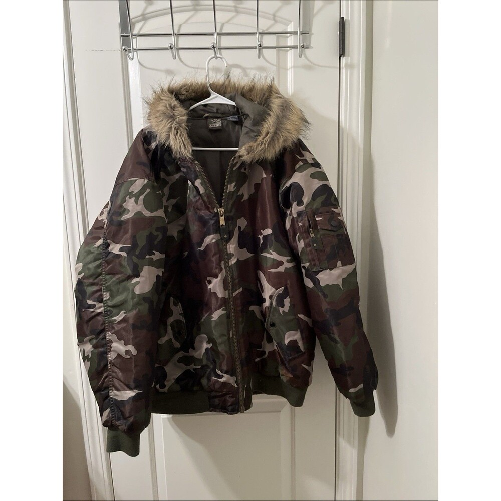Vintage Raw Blue Jacket Mens 2XL Green Camo Bomber Full Zip Coat Insulated 90s